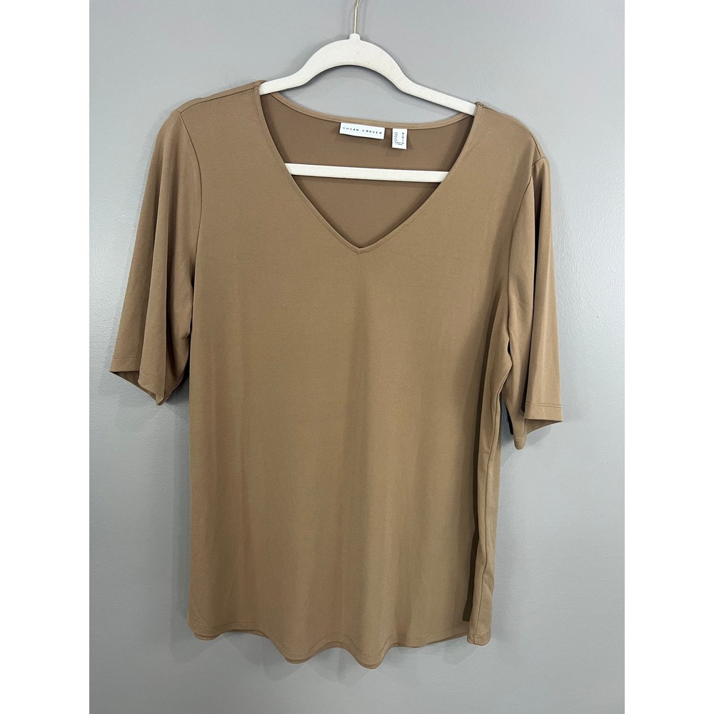 Susan Graver V-Neck Top Women Size M Tan Great Short Sleeve Solid Stretch